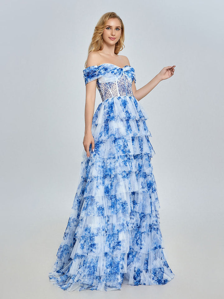 Off-Shoulder Blue Floral Tulle Gown Layered Prom Dress YE3025