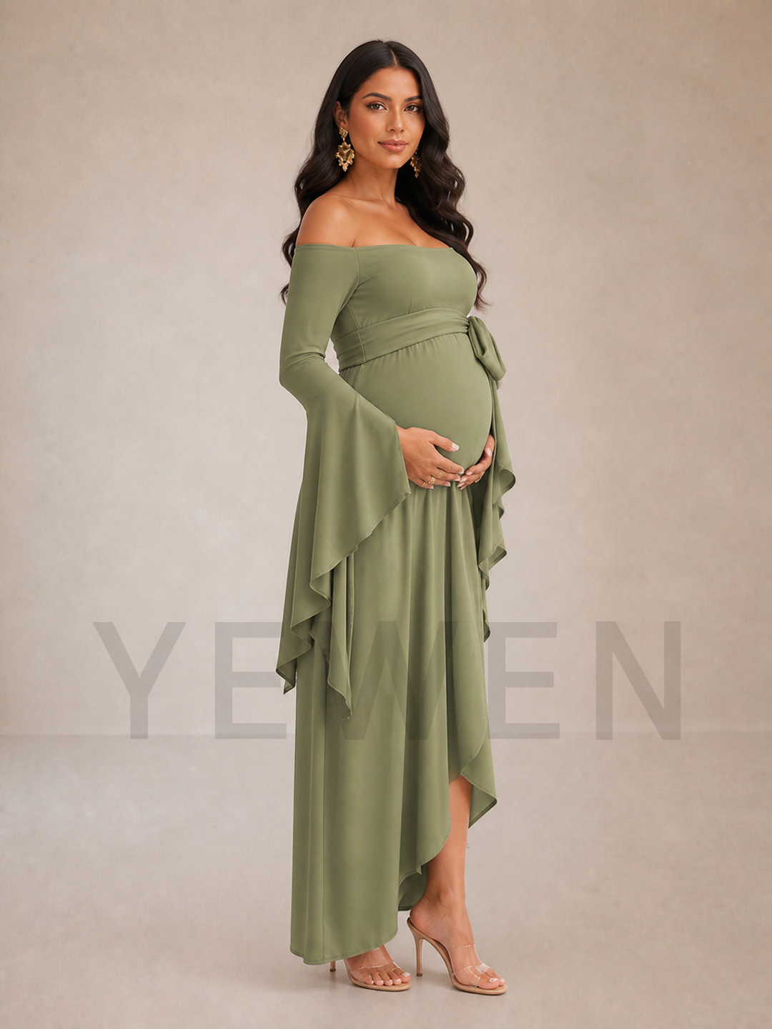 Olive Green Long Bell Sleeve Maternity Baby Shower Dress ZX002