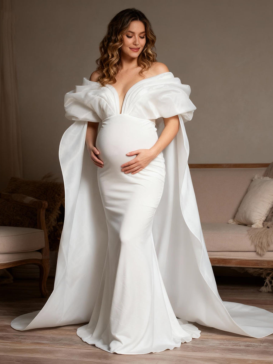 Caped Shoulder Mermaid Maternity Gown Baby Shower Dress YW251019 12-14 / White