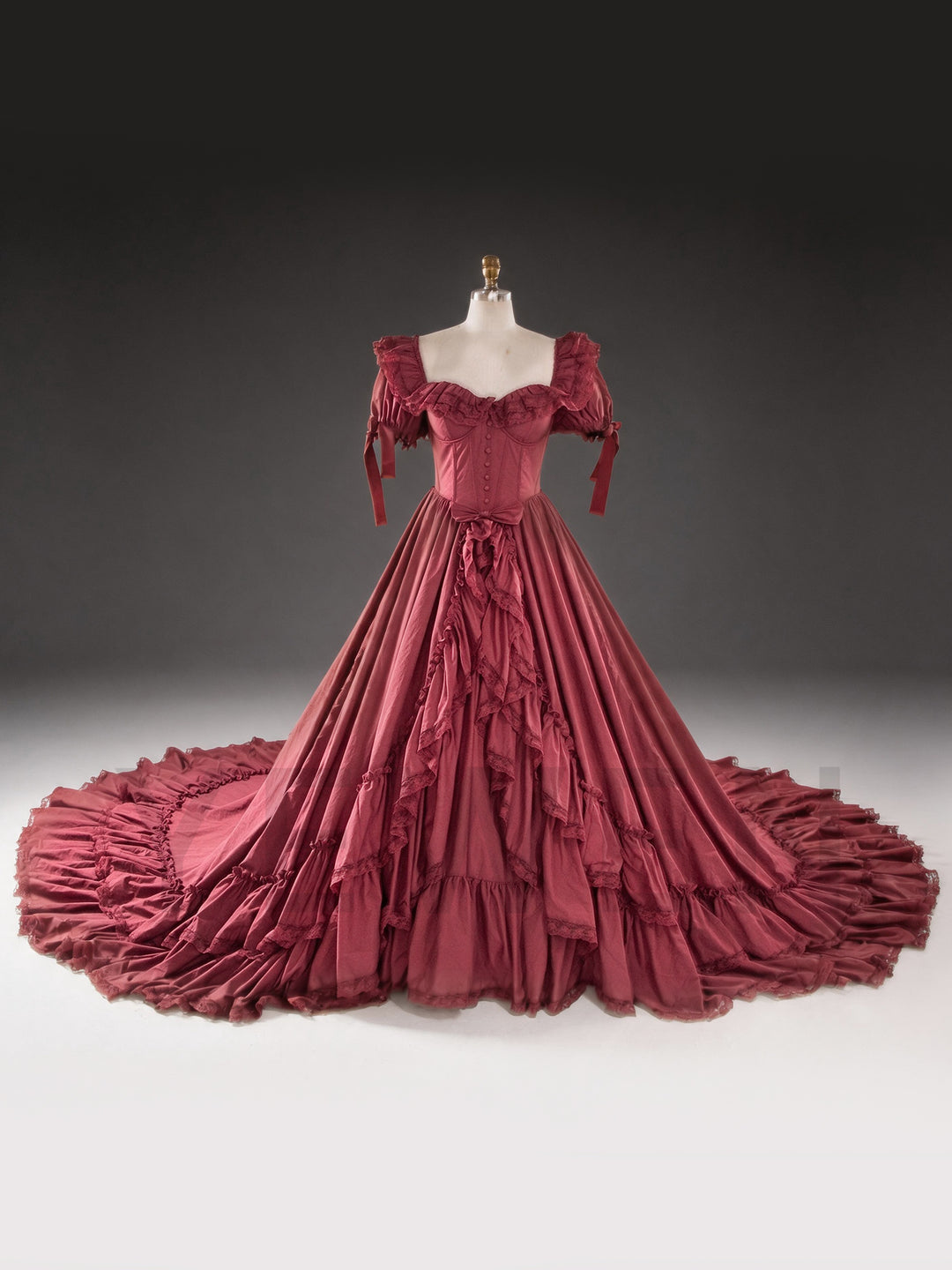 80cm Train Burgundy Off-Shoulder Ruffled Corset Tiered Princess Gown YW2610096