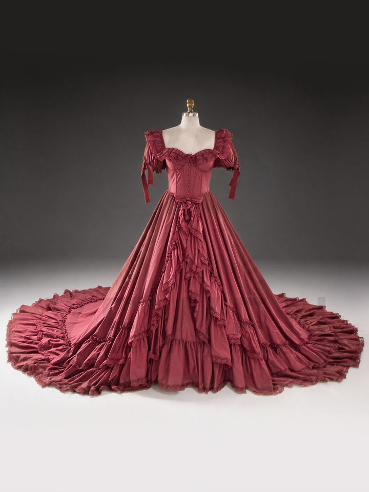 80cm Train Burgundy Off-Shoulder Ruffled Corset Tiered Princess Gown YW2610096