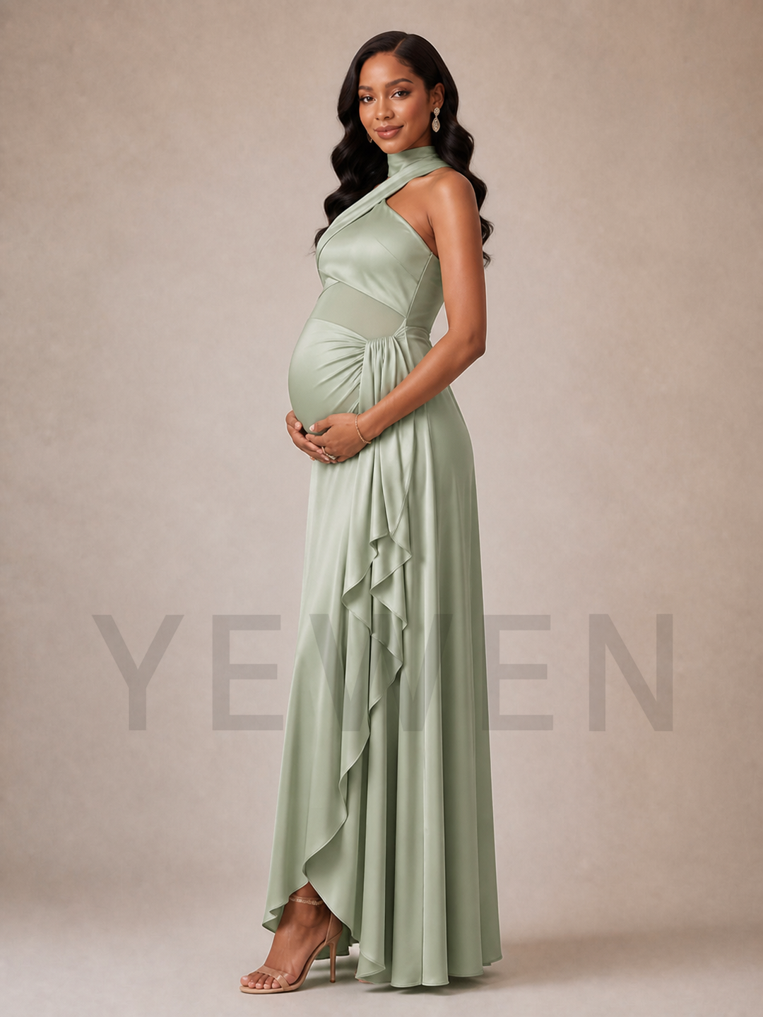 Sage Green Satin Maternity Baby Shower Dress Criss Cross Halter Neck ZX005