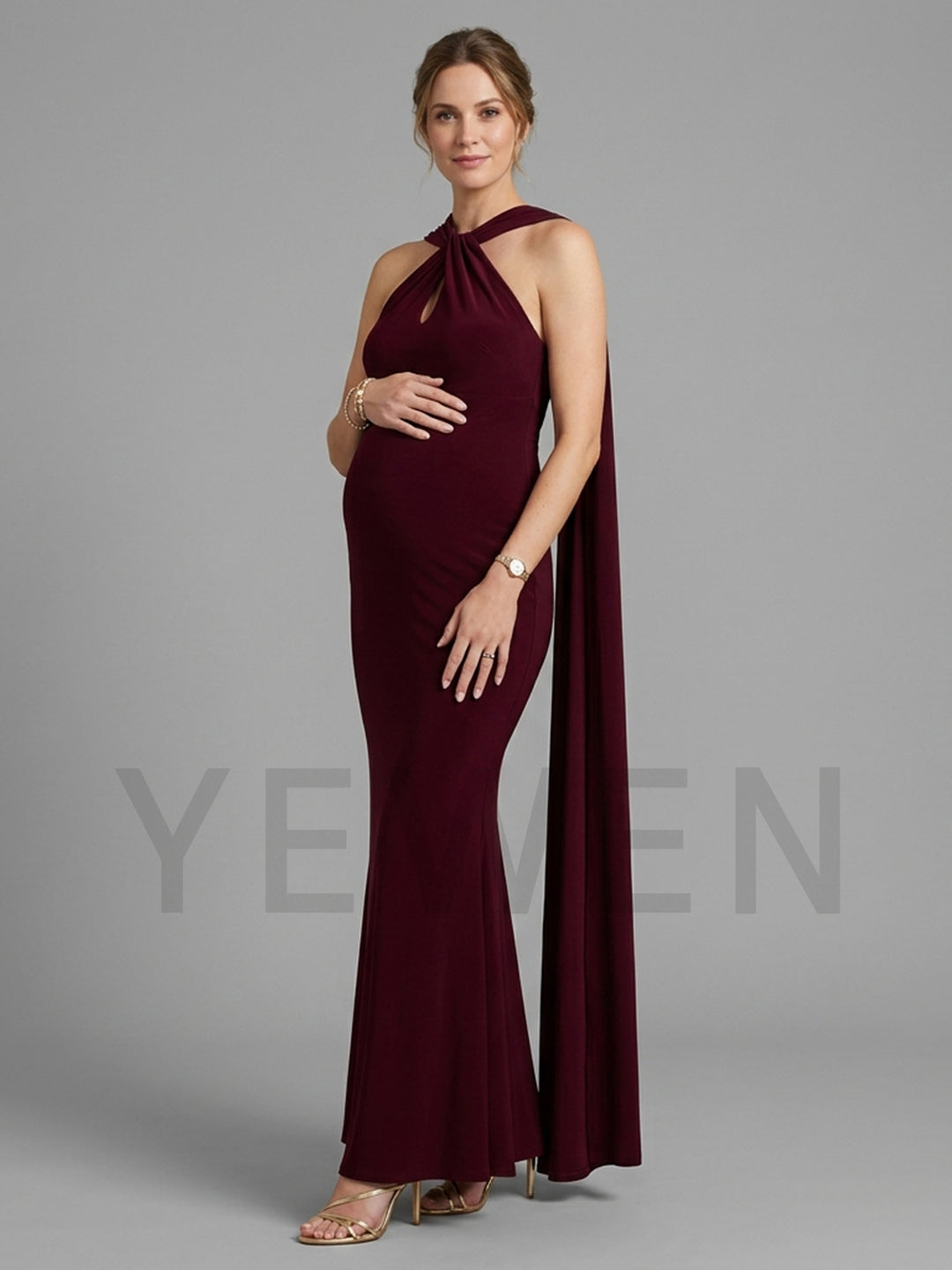 Halter Neck Keyhole Cape Maternity Dress for Baby Shower YM261006
