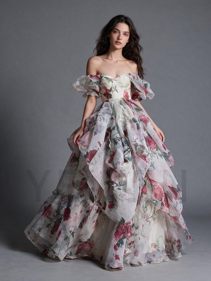 Vintage Rose Floral Off-Shoulder Puff Sleeve Princess Dress YW2609273