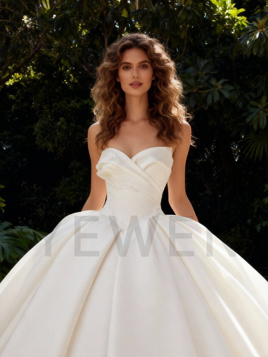 High Quality Satin Wedding Dresses Ruched Pleated Bridal Dress