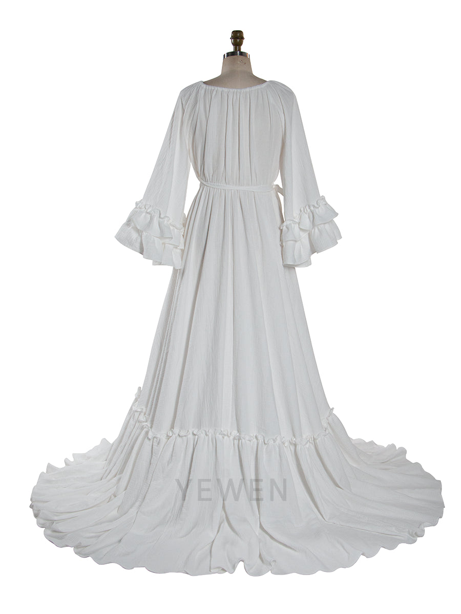 Boho Ruffle Sleeve Maxi Dress V Neck Vintage Bohemian Long Dress YW251051