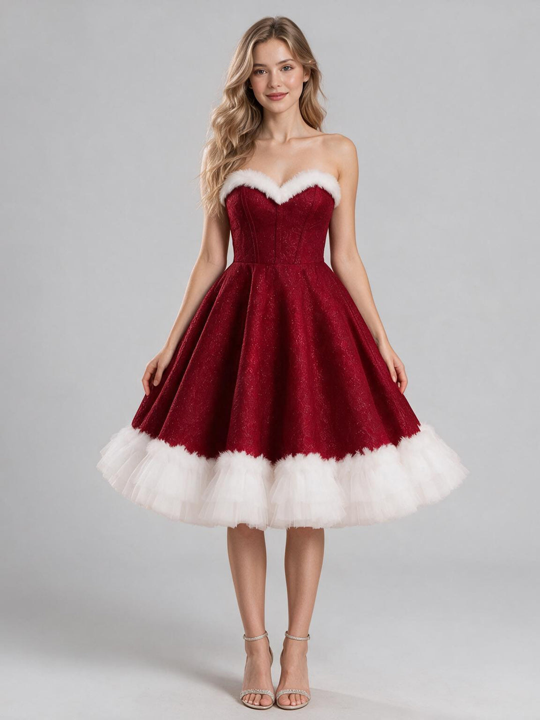 Red Strapless Fur Trim Sweetheart Christmas Dress