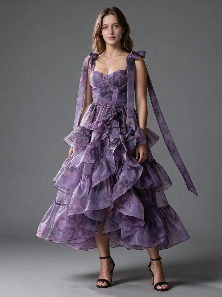 Purple Watercolor Floral Tiered Ruffle Princess Dress YW2610165