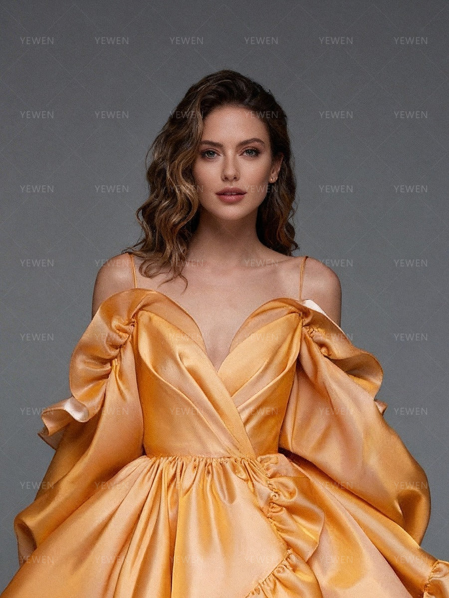 orange puffy dress Organza Orange Prom Dress Long A-Line Cap Puffy Sleeve Evening Party Gowns