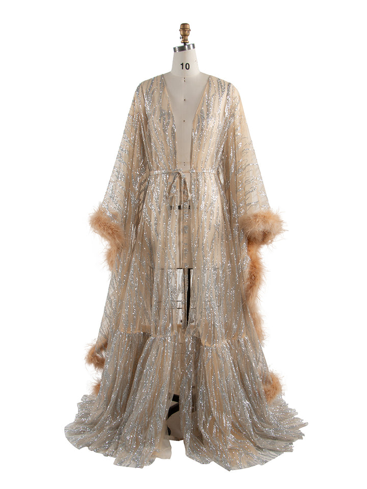 Maternity Robe for Photoshoot with Feathers Trim Glitter Sequin Pregnancy Dress for Baby Shower Fancy Photoshoot Props YW250044