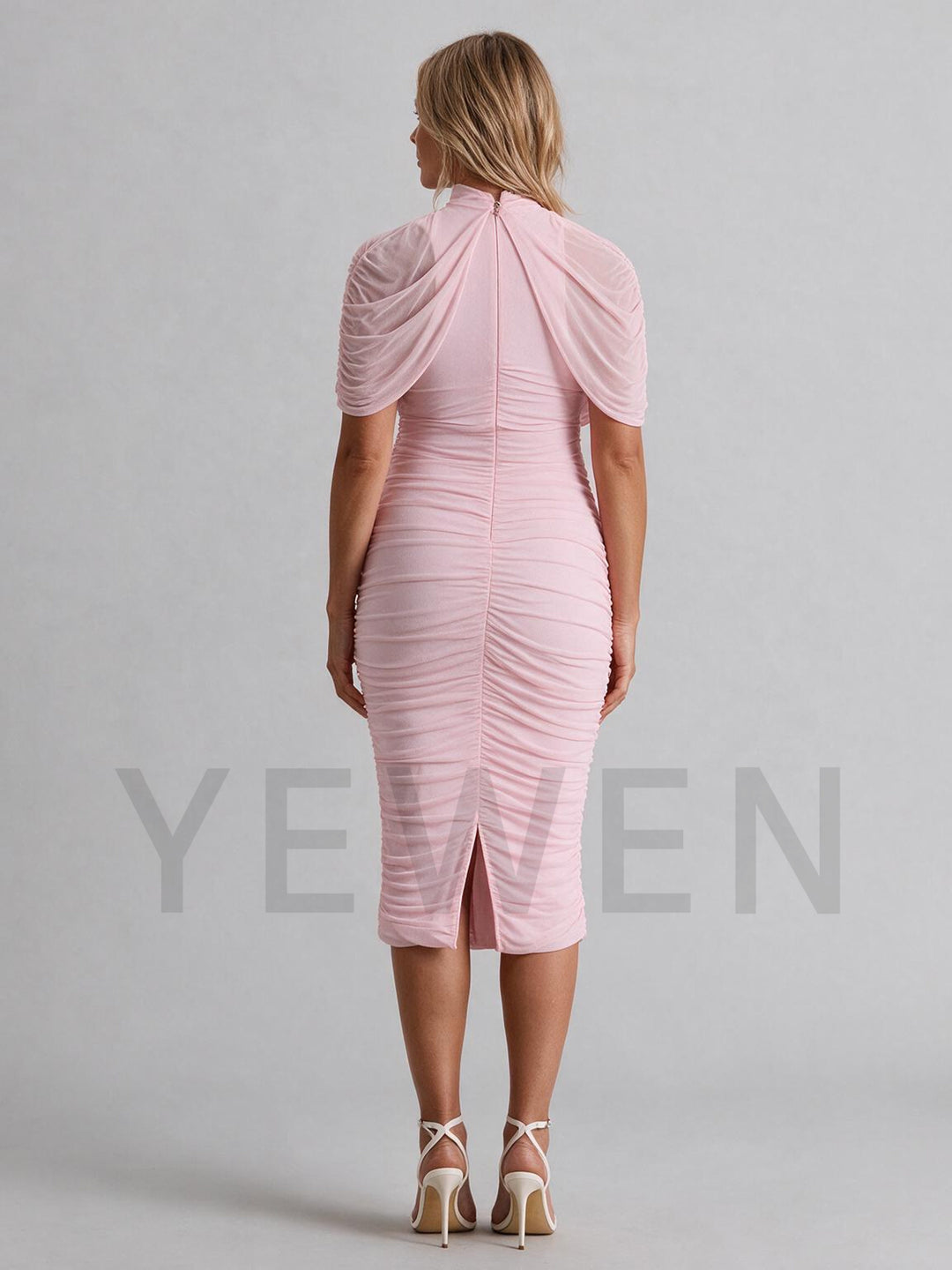High Neck Draped Pearl Seam Fitted Maternity Dress for Baby Shower