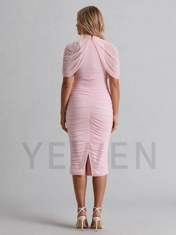 High Neck Draped Pearl Seam Fitted Maternity Dress for Baby Shower