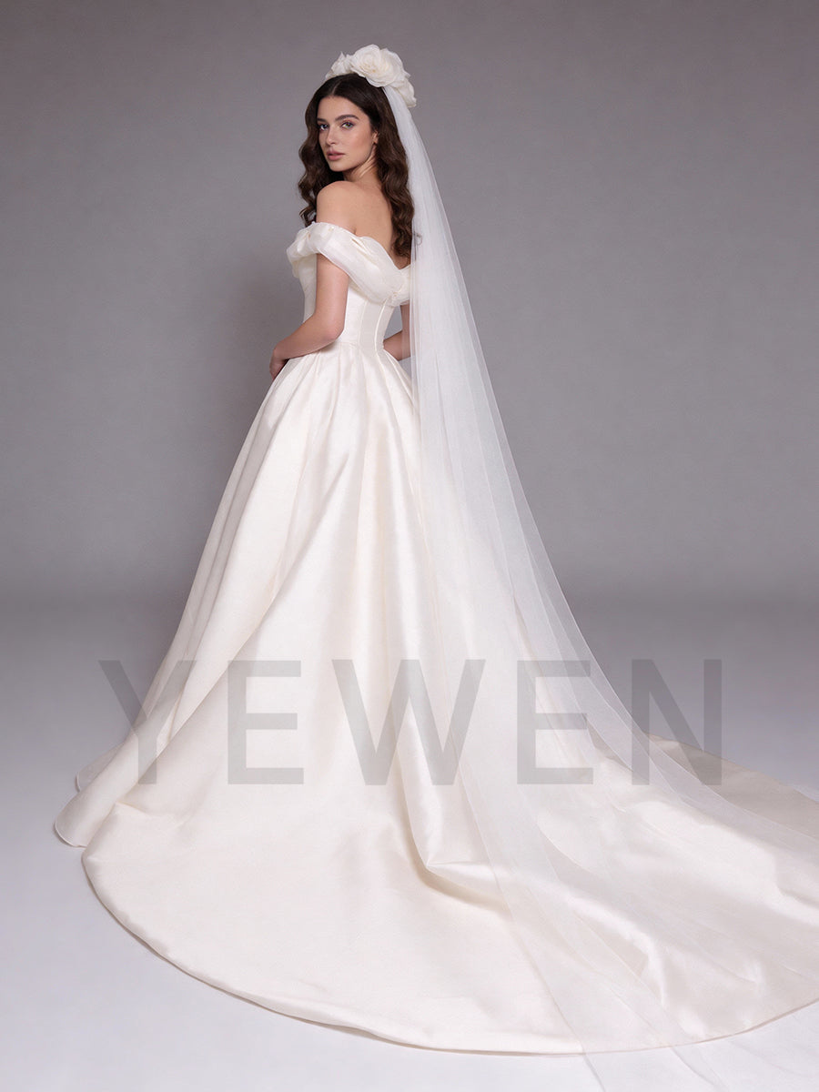 Elegant A Line Satin Wedding Dress Off Shoulder Sweep Train Bridal Gown 2026