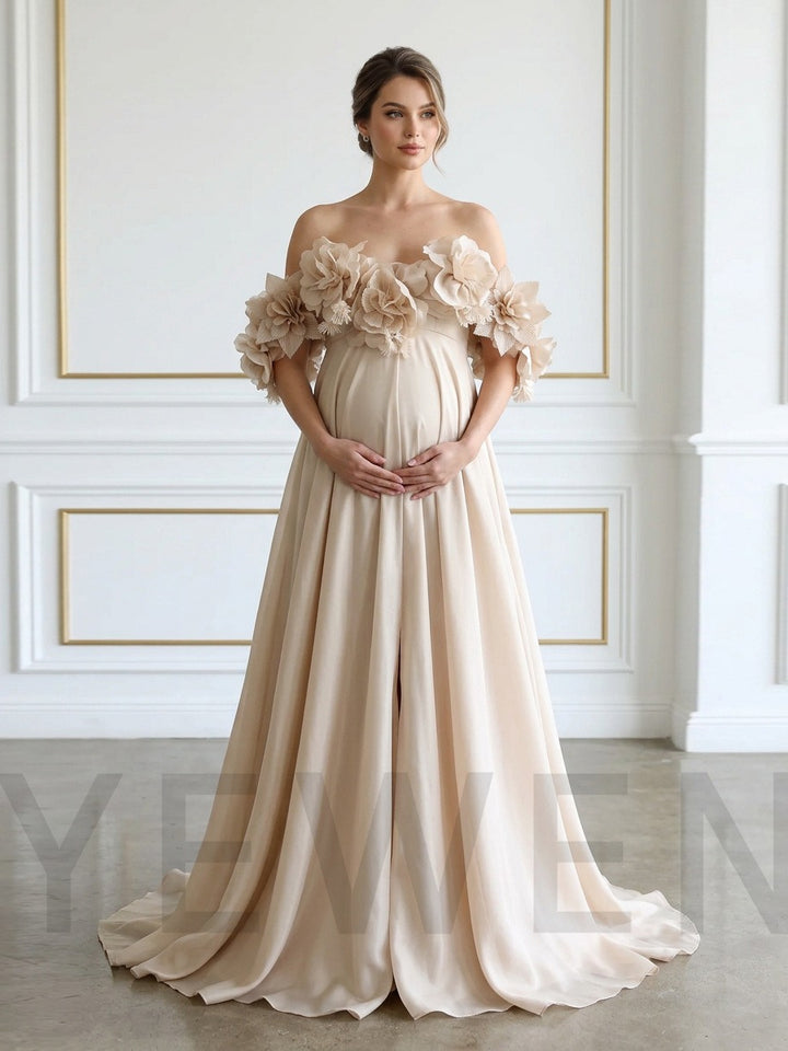 Champagne Off-Shoulder 3D Floral Maternity Photoshoot Gown YD260906