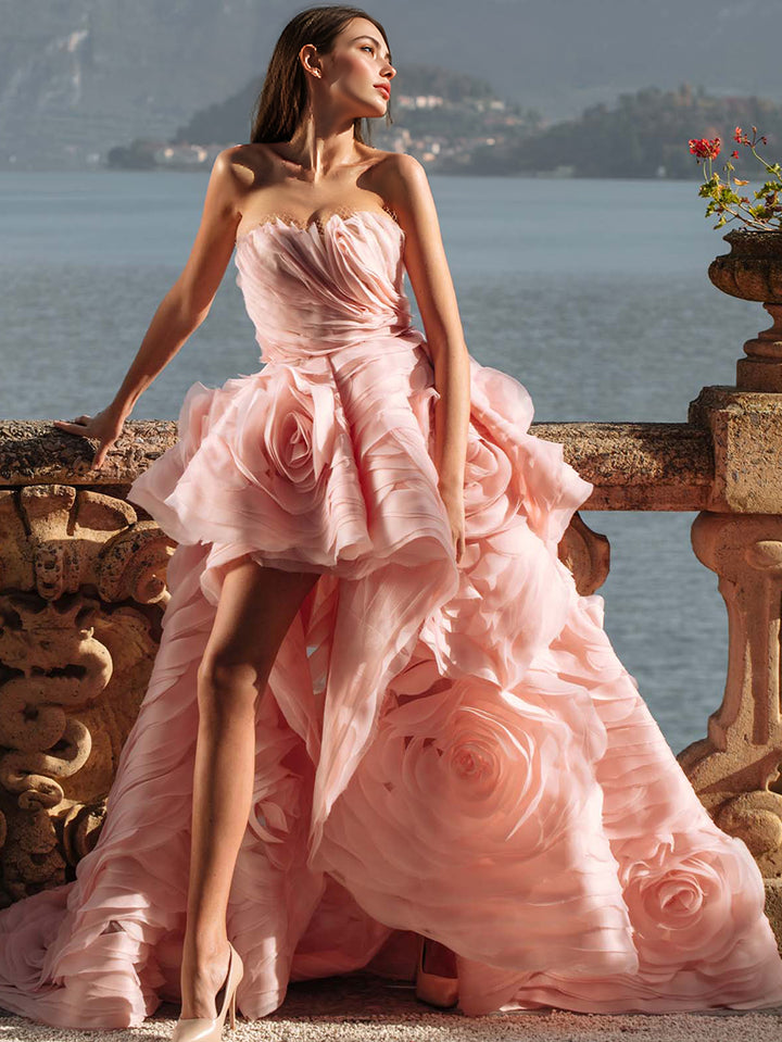 Luxury Strapless Tiered Flowers Formal Evning Dress Birthday Party Gown