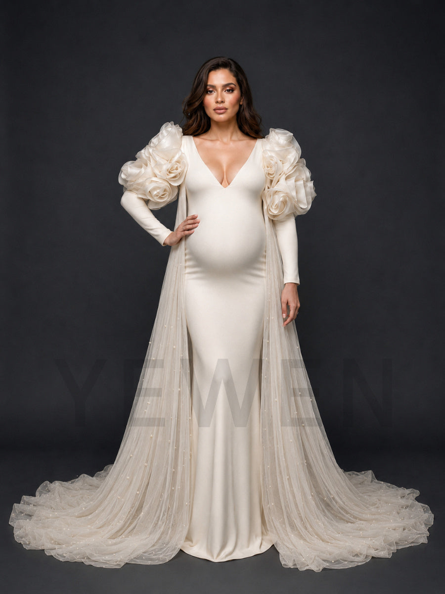 Ivory Deep V-Neck 3D Rose Shoulder Maternity Photoshoot Gown HY269001