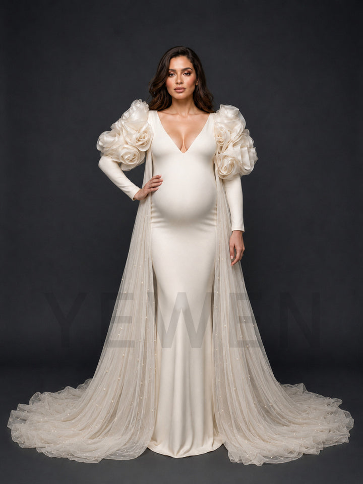 Ivory Deep V-Neck 3D Rose Shoulder Maternity Photoshoot Gown HY269001