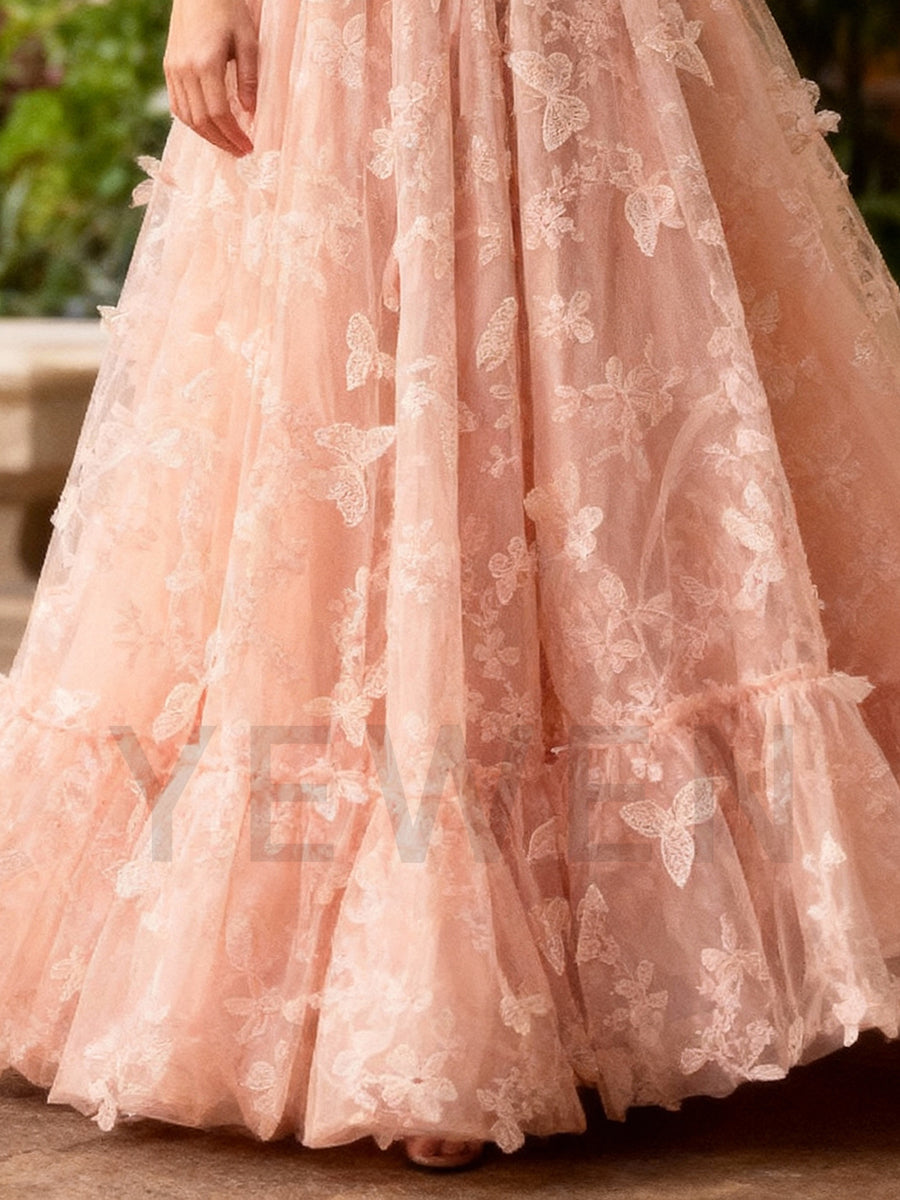 Butterflies Tulle Evening Dresses Floor Length V Neck Prom Gown