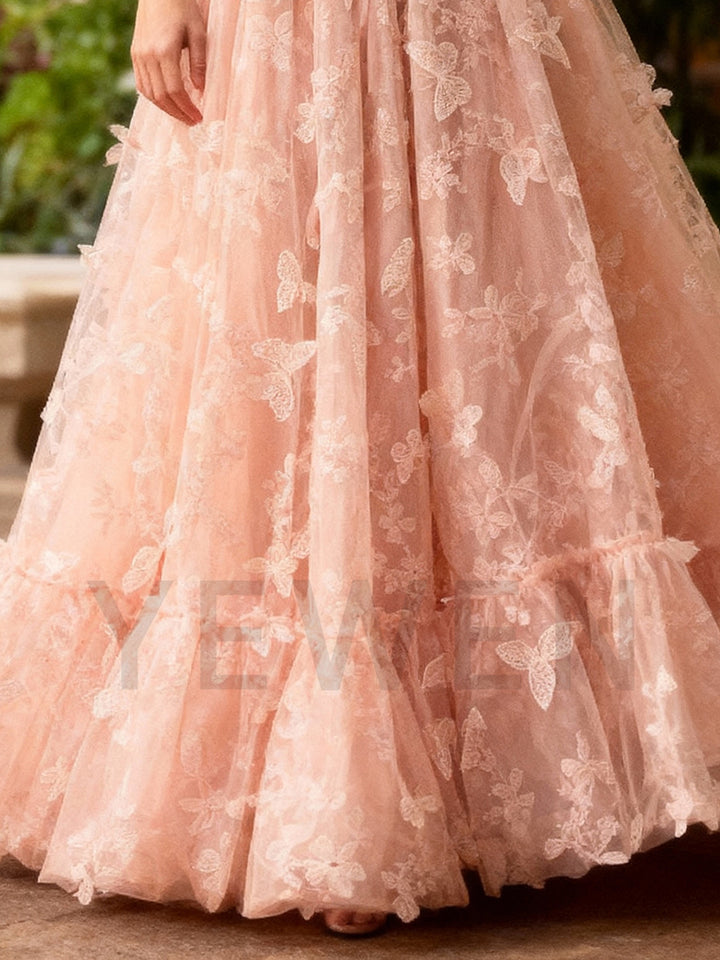 Butterflies Tulle Evening Dresses Floor Length V Neck Prom Gown