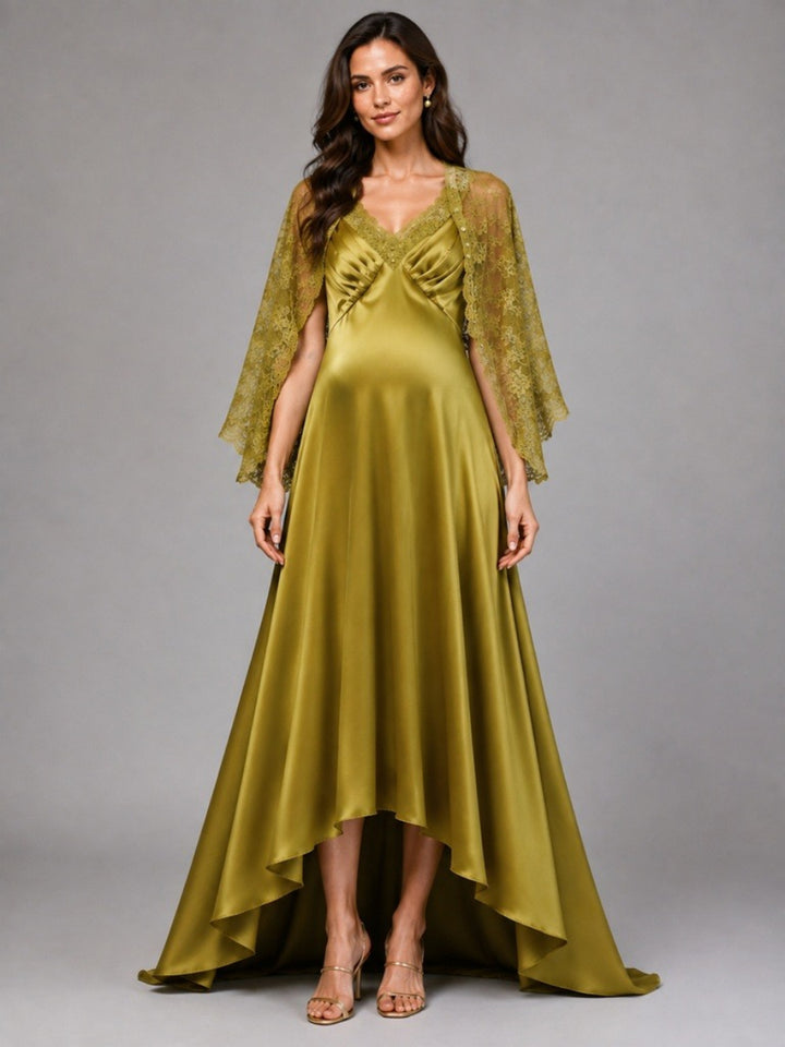 Olive V-Neck A-Line Maternity Baby Shower Dress with Sheer Lace Cape L-26921