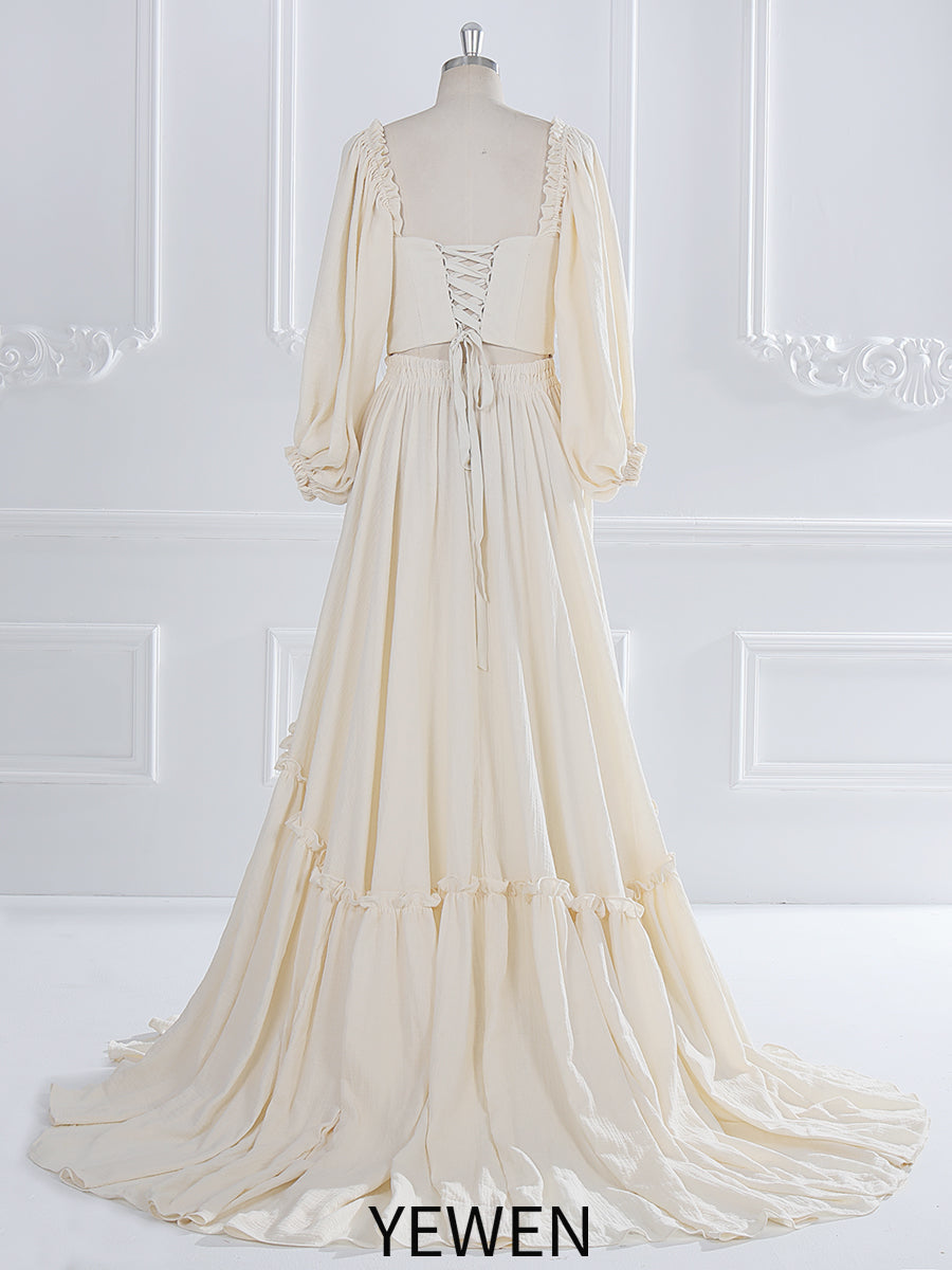 Elegant Long Sleeve Cotton Maxi Dress with Elastic Back Waist