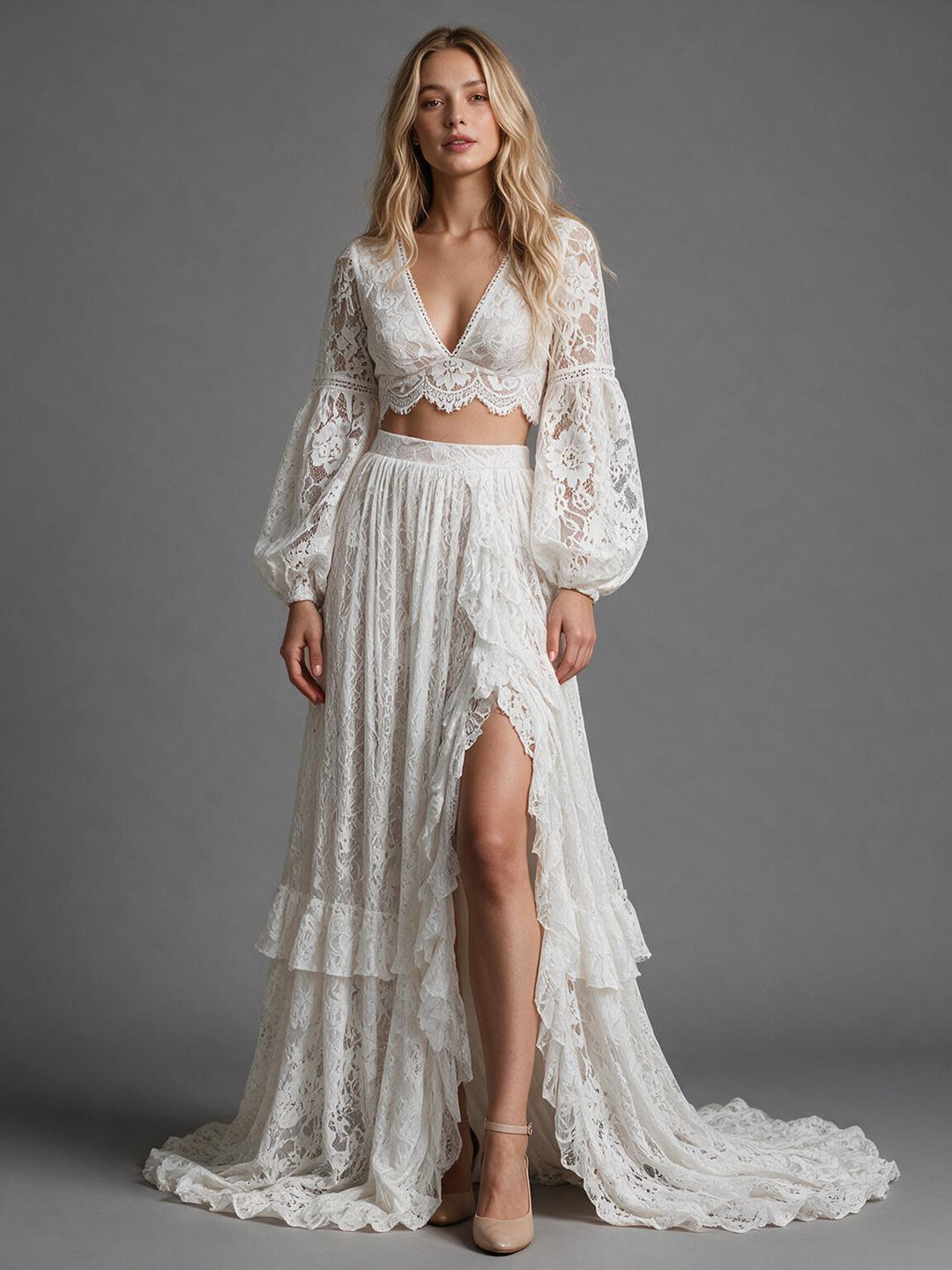 Ivory Boho Two-Piece Lace Sheer Puff Sleeves Wedding Dress