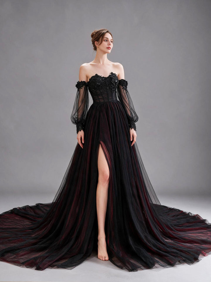 Black Burgundy Off-Shoulder Long Sleeve Tulle Evening Gown YX26107