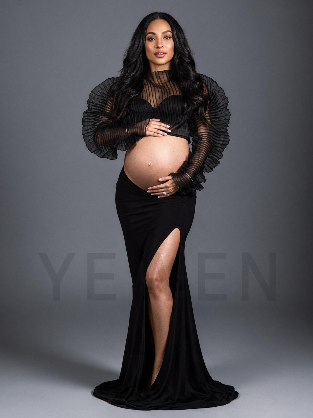 Two-Piece Sheer Pleated Maternity Photoshoot Gown YW2609308
