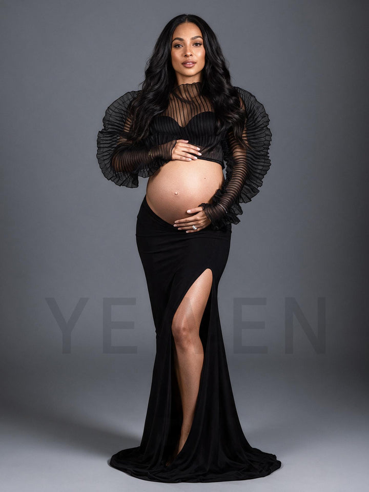 Two-Piece Sheer Pleated Maternity Photoshoot Gown YW2609308