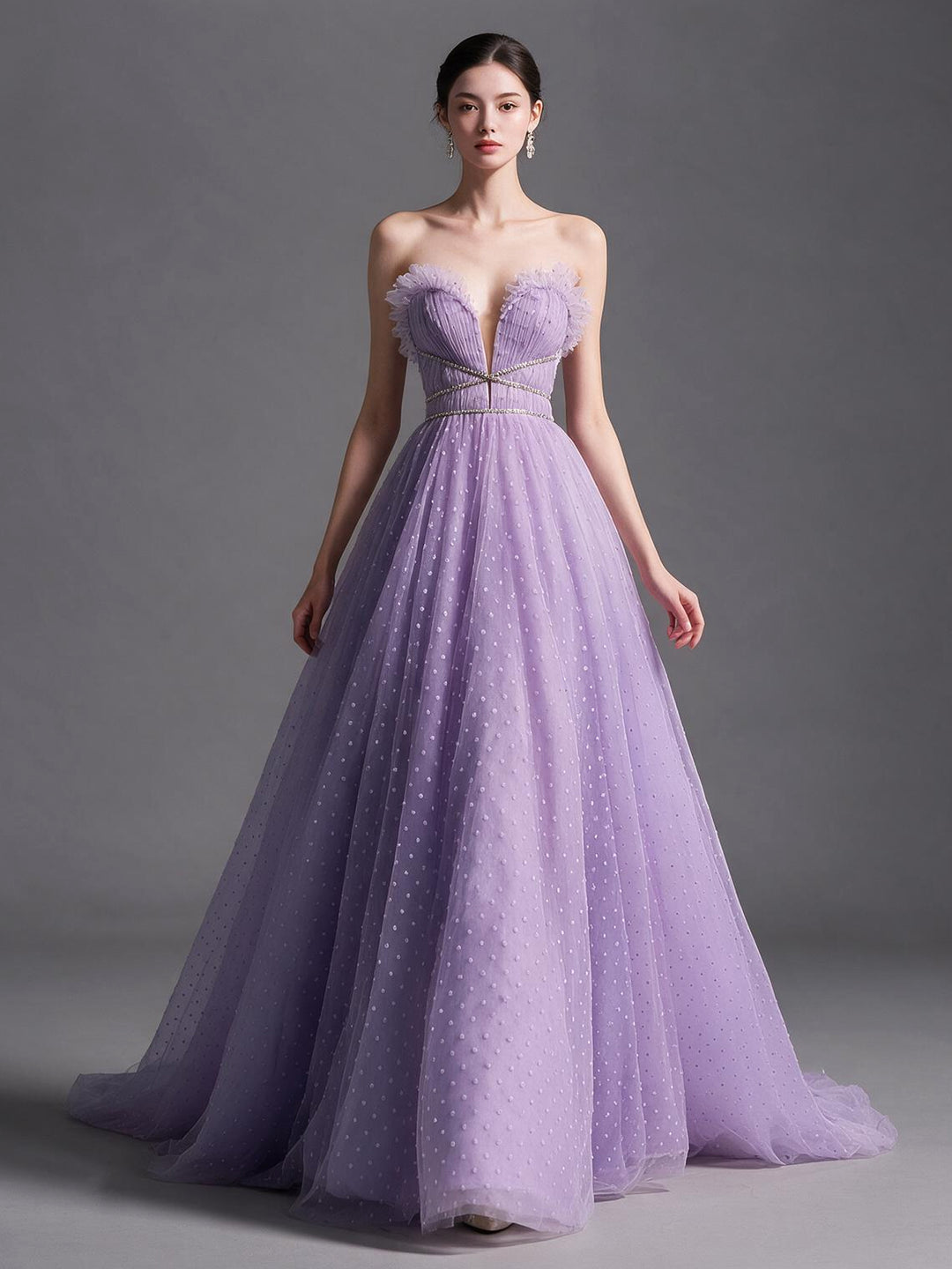 A-Line Strapless Deep V-Neck Swiss Dot Tulle Evening Gown YX008