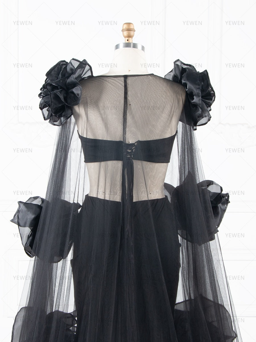 Dramatic Black Maternity Dress Photoshoot Big Flower Cape 3 Piece Set Baby Shower Dress YW250087