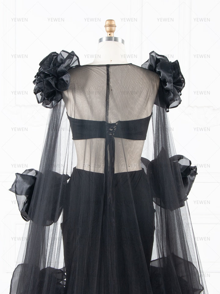 Dramatic Black Maternity Dress Photoshoot Big Flower Cape 3 Piece Set Baby Shower Dress YW250087
