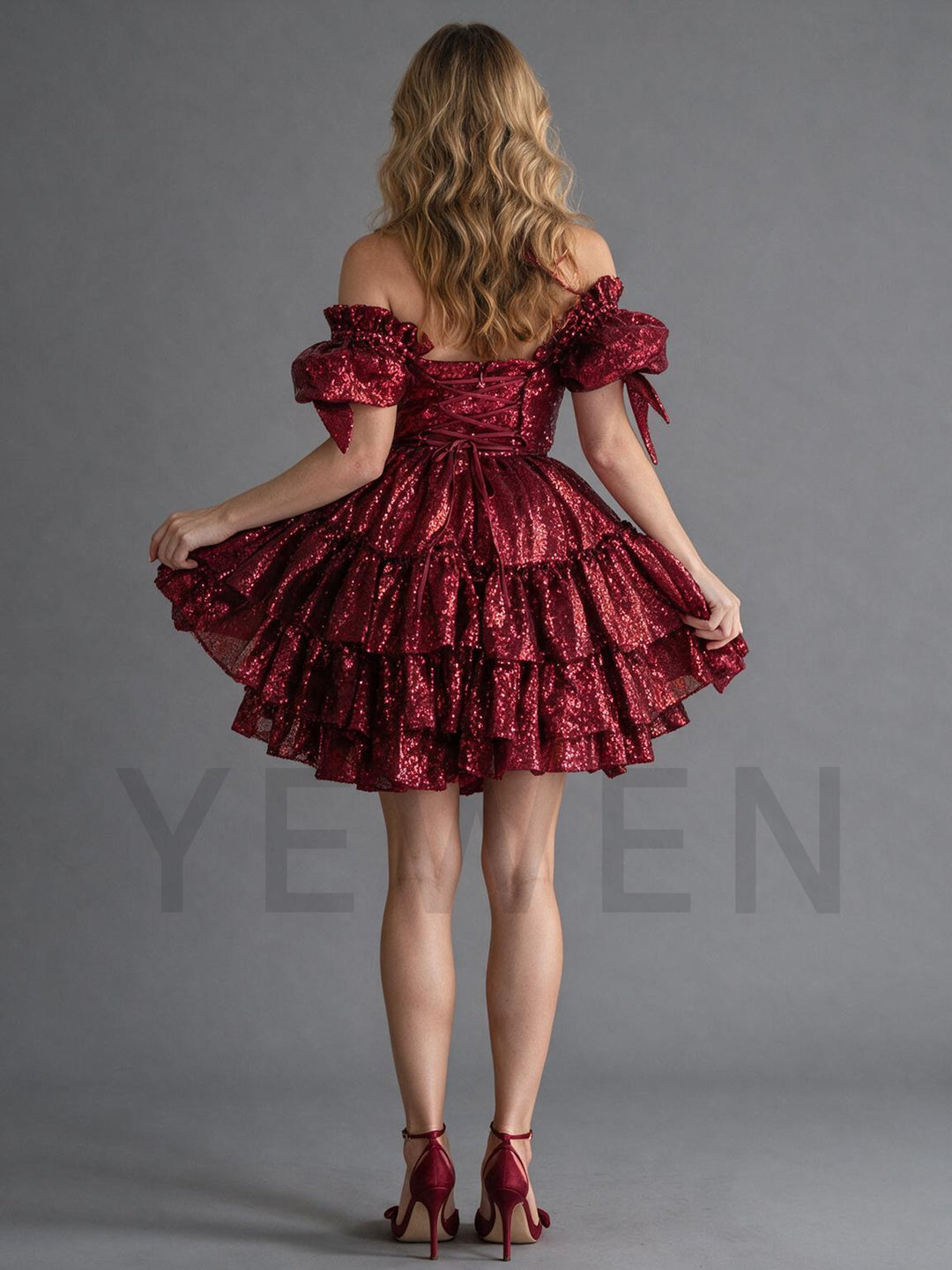 Bow Puff Sleeves Off-Shoulder Sequin Christmas Dress YW2610081
