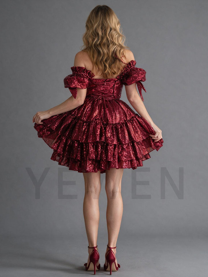 Bow Puff Sleeves Off-Shoulder Sequin Christmas Dress YW2610081