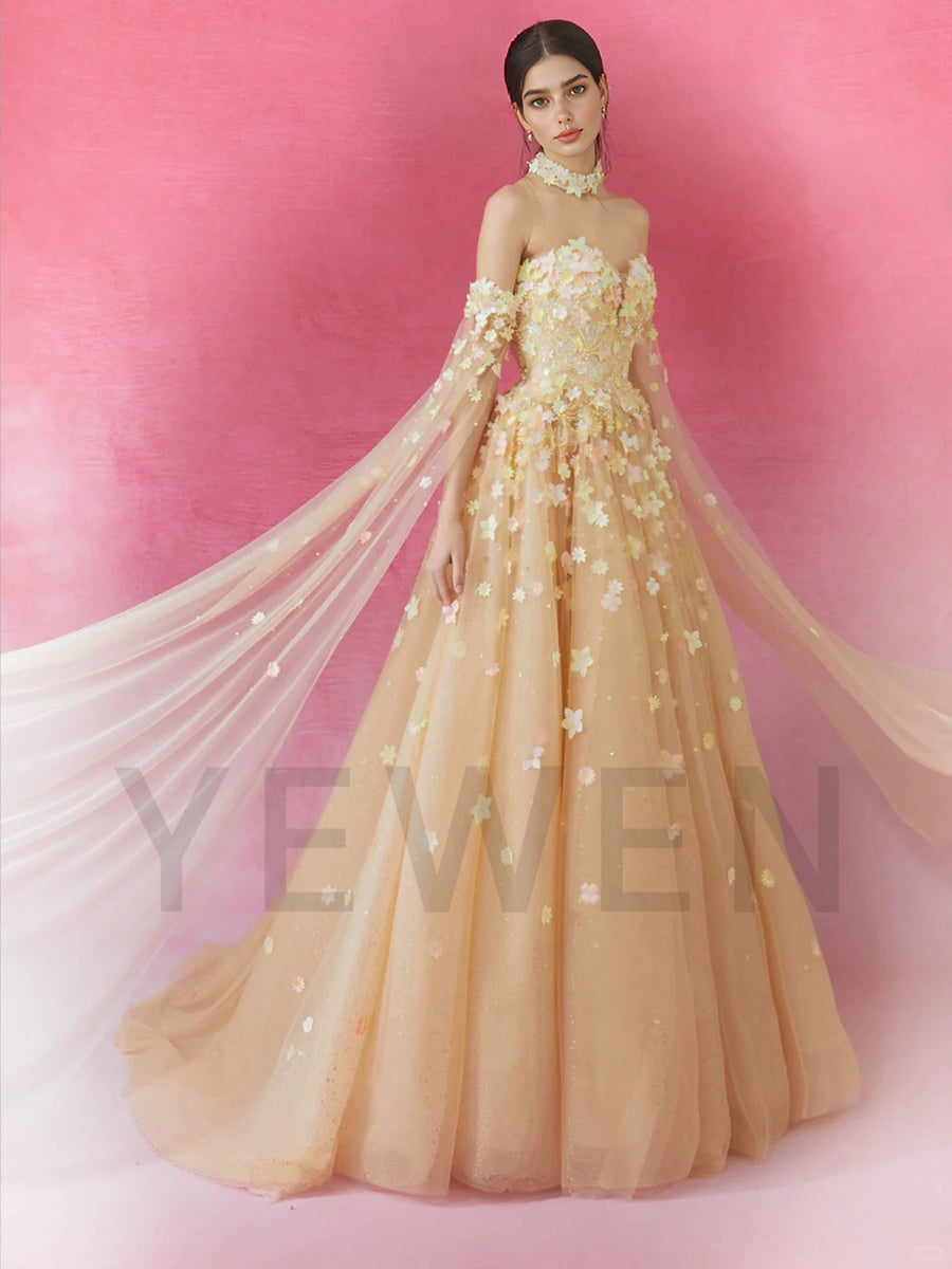 A Line Off Shoulder Evening Dress with  3D Floral Applique Prom Party Gown