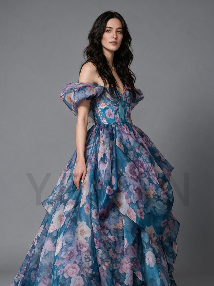 Floral Print Puff Sleeve Tiered Ruffle Princess Dress YW2610157