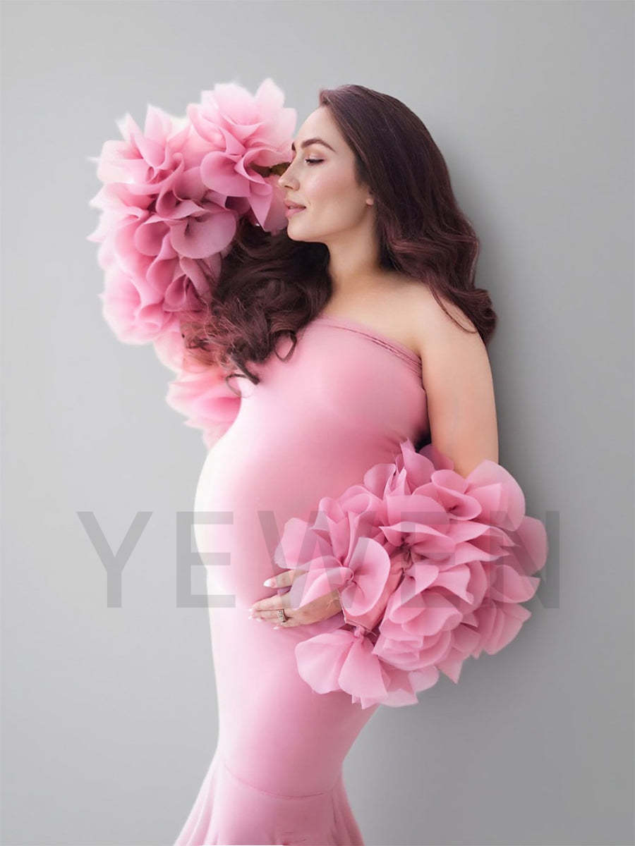 Pink Maternity Dress with Floral Wraps Stretchy Maternity Dress Photoshoot Pregnancy Dress Shoot YW251012