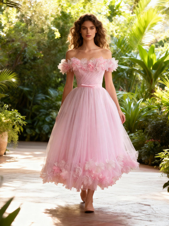 Pink Off Shoulder Tulle Wedding Party Dress Occasion Dress