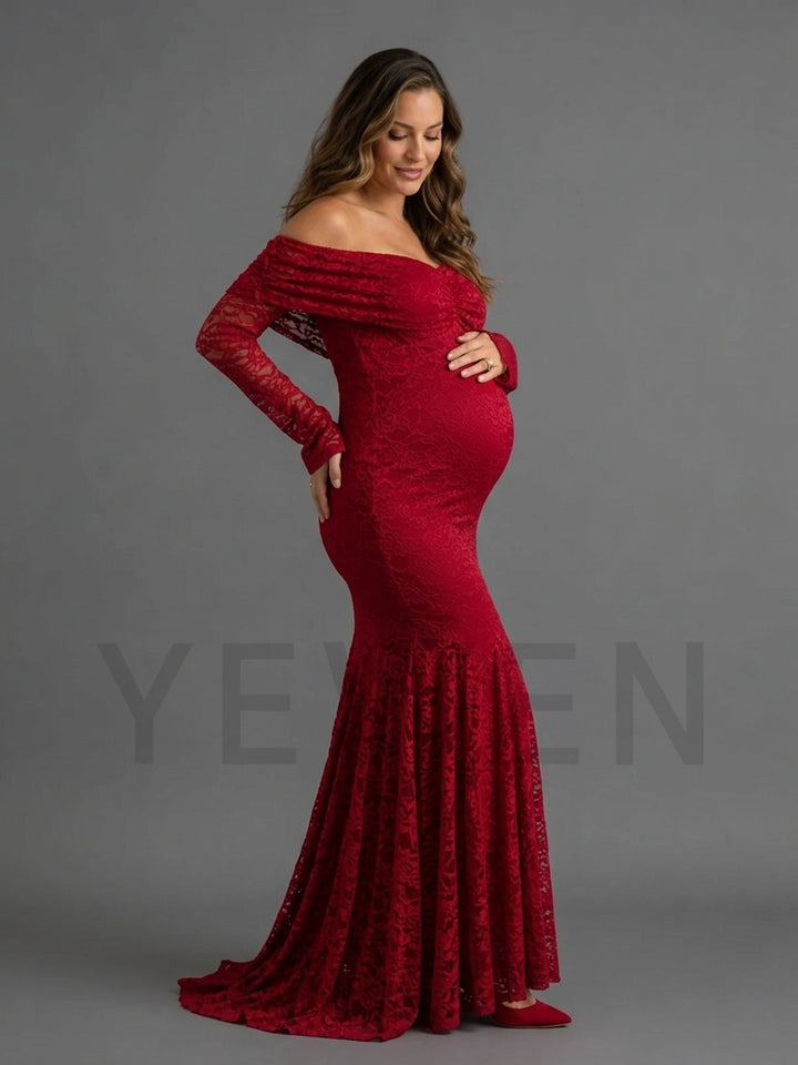Red Lace Maternity Maxi Dress for Baby Shower