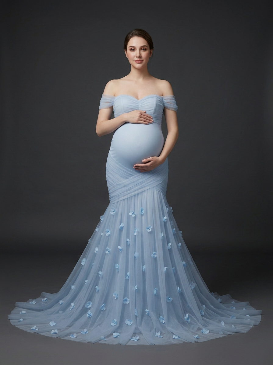 Blue Off-Shoulder 3D Floral Maternity Photoshoot Gown YD260914
