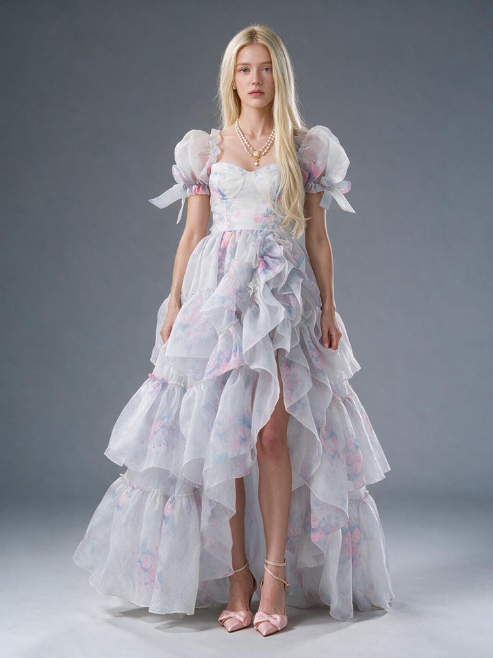 Floral Puff Sleeve High-Low Tiered Ruffle Princess Dress YW2609272