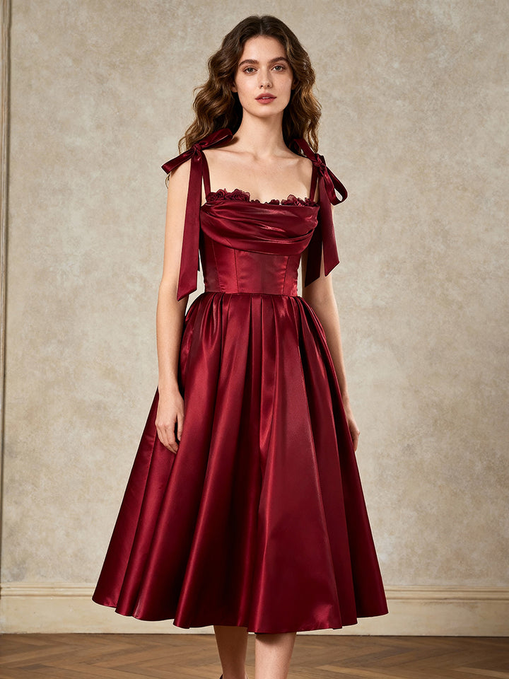 Strapless Burgundy Satin Evening Dress with Bow straps A Line Midi Prom Gown