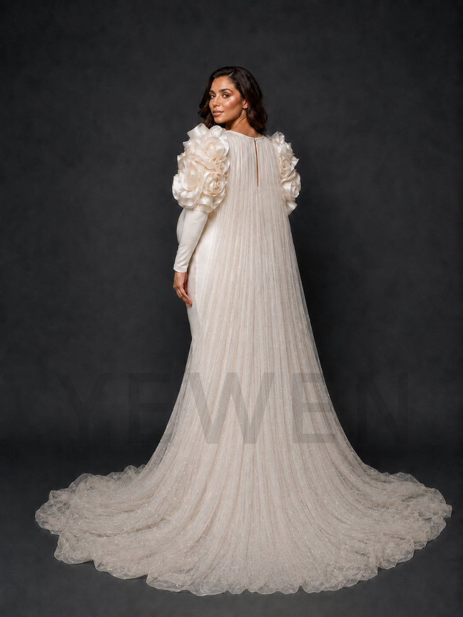 Ivory Deep V-Neck 3D Rose Shoulder Maternity Photoshoot Gown HY269001
