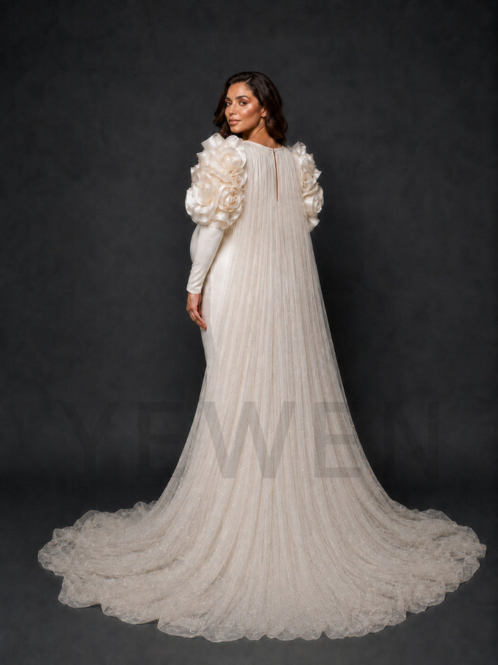 Ivory Deep V-Neck 3D Rose Shoulder Maternity Photoshoot Gown HY269001
