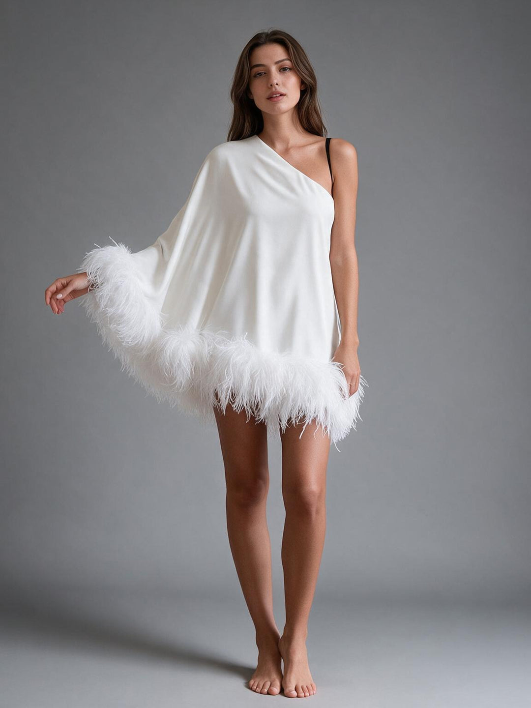 Ivory One-Shoulder Ostrich Feather Poncho Satin Party Dress YW2610061