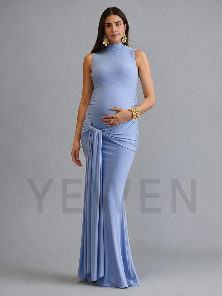 High Neck Fitted Maternity Dress for Baby Shower with Draped Tie Waist