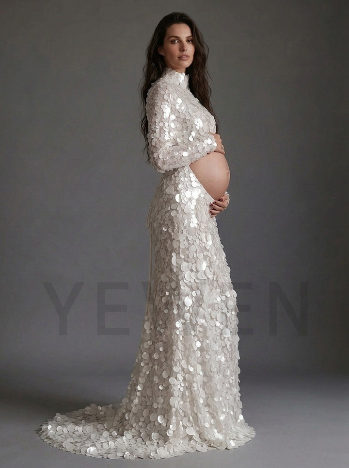 High Neck Long Sleeve Cutout Sequin Maternity Photoshoot Gown YD261019