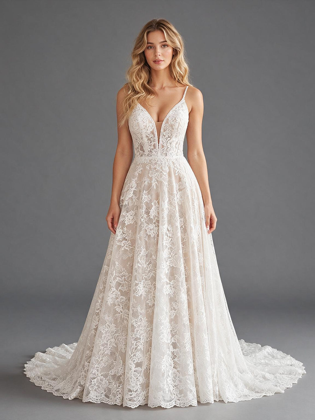 Ivory Spaghetti Strap Deep V-Neck Sheer Floral Lace Wedding Dress
