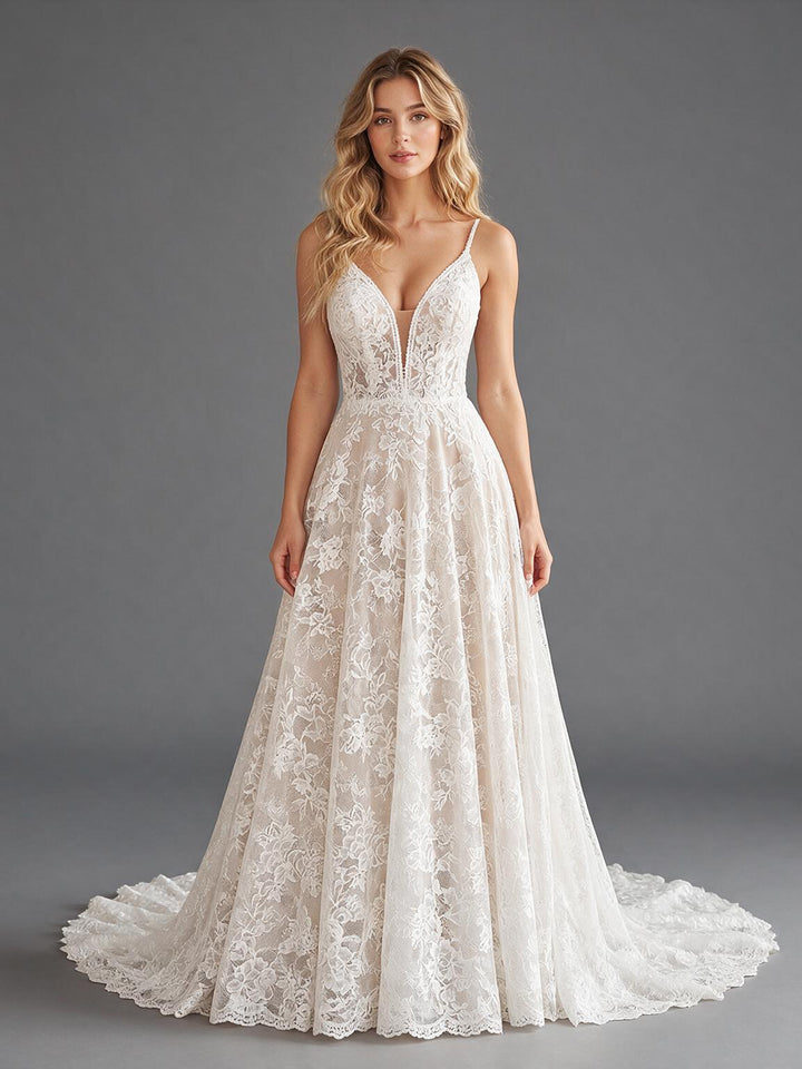 Ivory Spaghetti Strap Deep V-Neck Sheer Floral Lace Wedding Dress