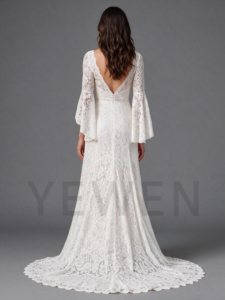 Ivory V-Neck Sheer Bell Sleeve Floral Lace Boho Wedding Dress